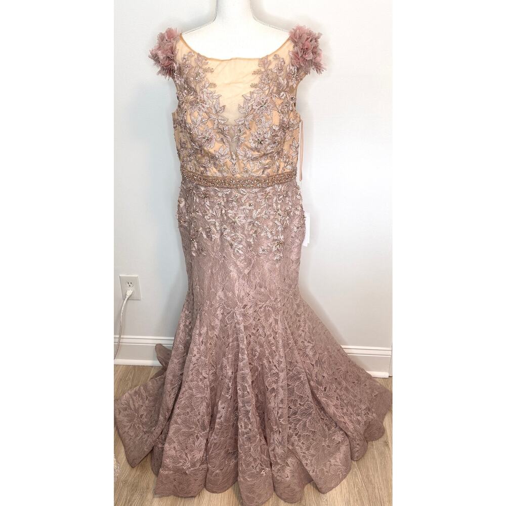 Mac Duggal 79368 Pink Embellished Lace Illusion Neck Gown With 3D Flowers Mocha - Picture 3 of 16
